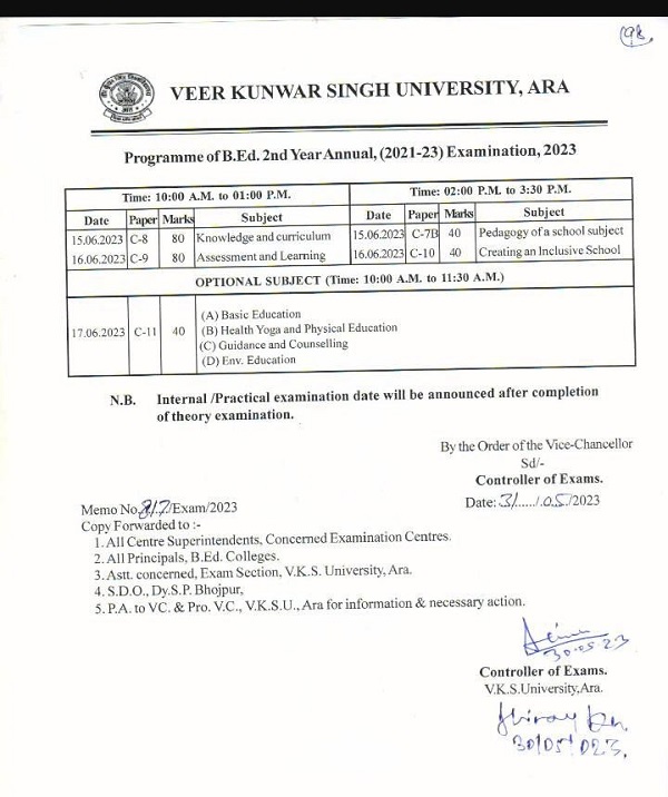 VKSU ARA B.Ed EXAM PROGRAM 2023